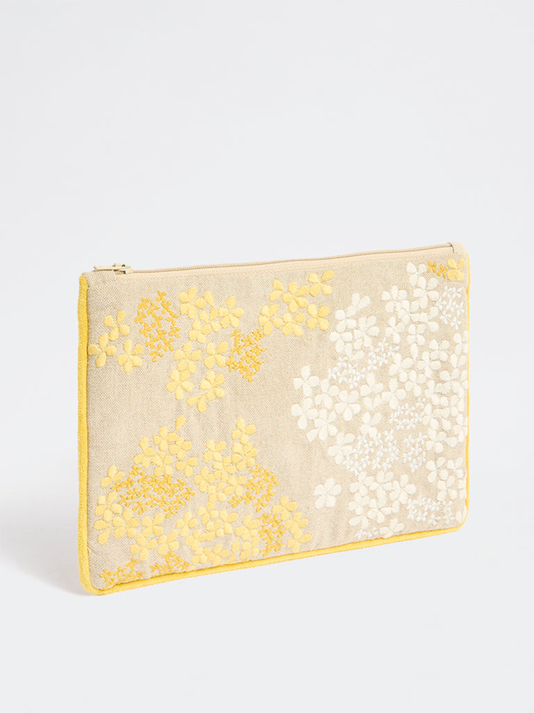 Westside Home Yellow Beige Embroidered Pouch