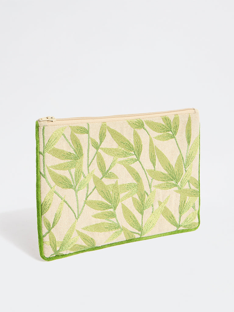 Westside Home Green Botanical Embroidered Pouch