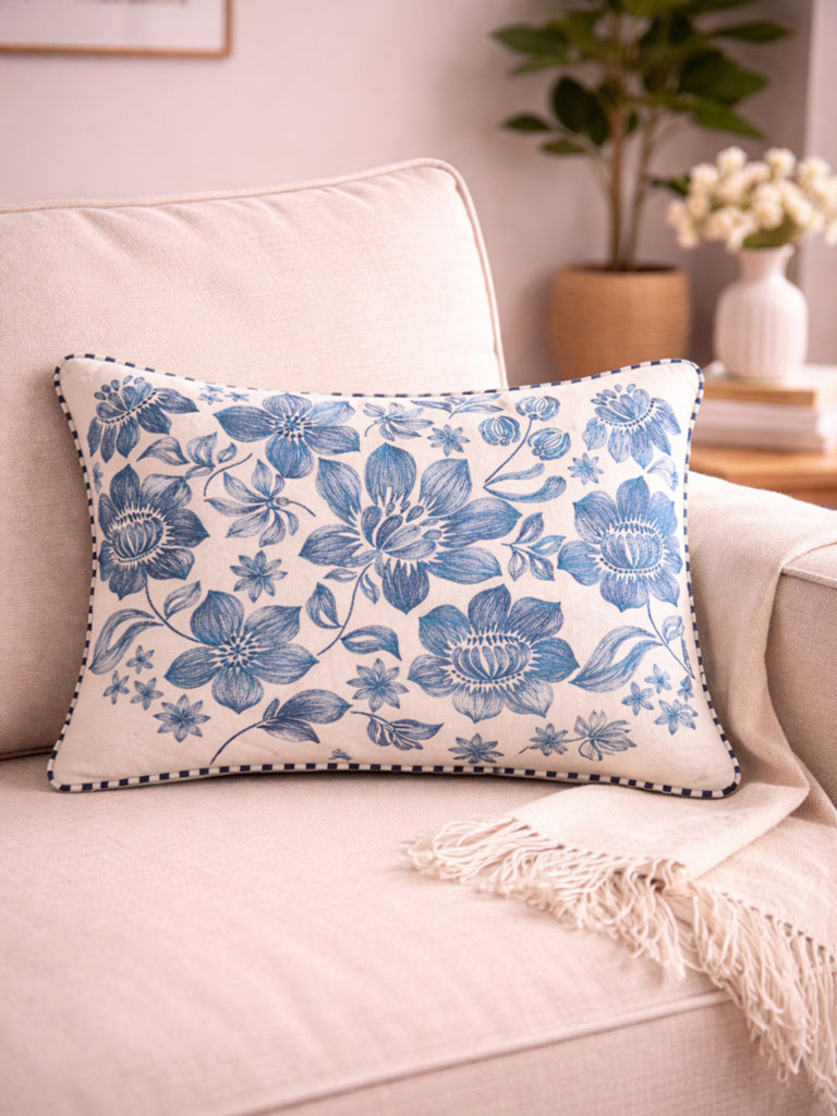 Westside Home Blue Floral Embroidered Cushion Cover