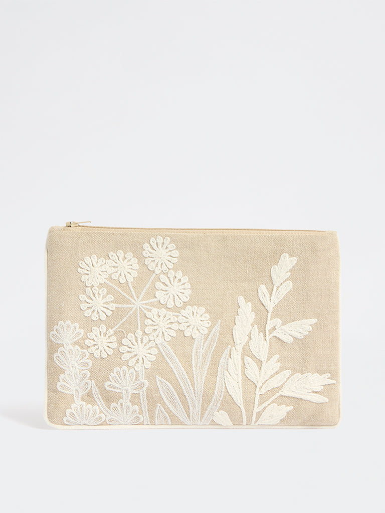 Westside Home Beige Floral Embroidered Pouch