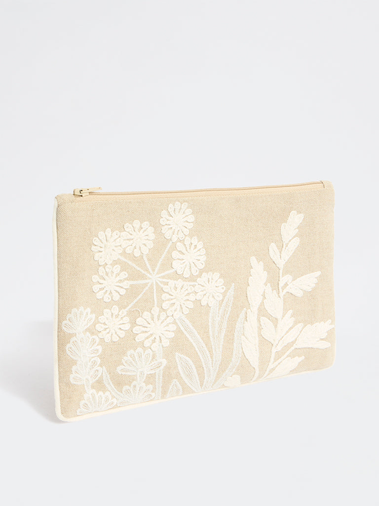 Westside Home Beige Floral Embroidered Pouch