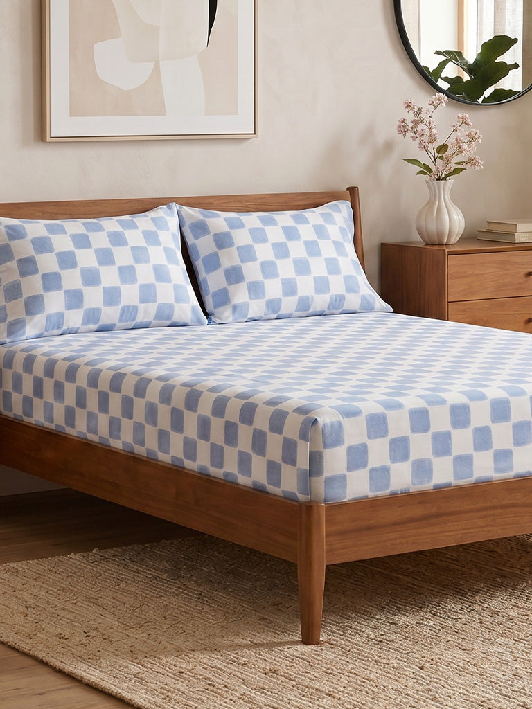 Westside Home Blue Checkered Fitted Queen Bed Sheet Set
