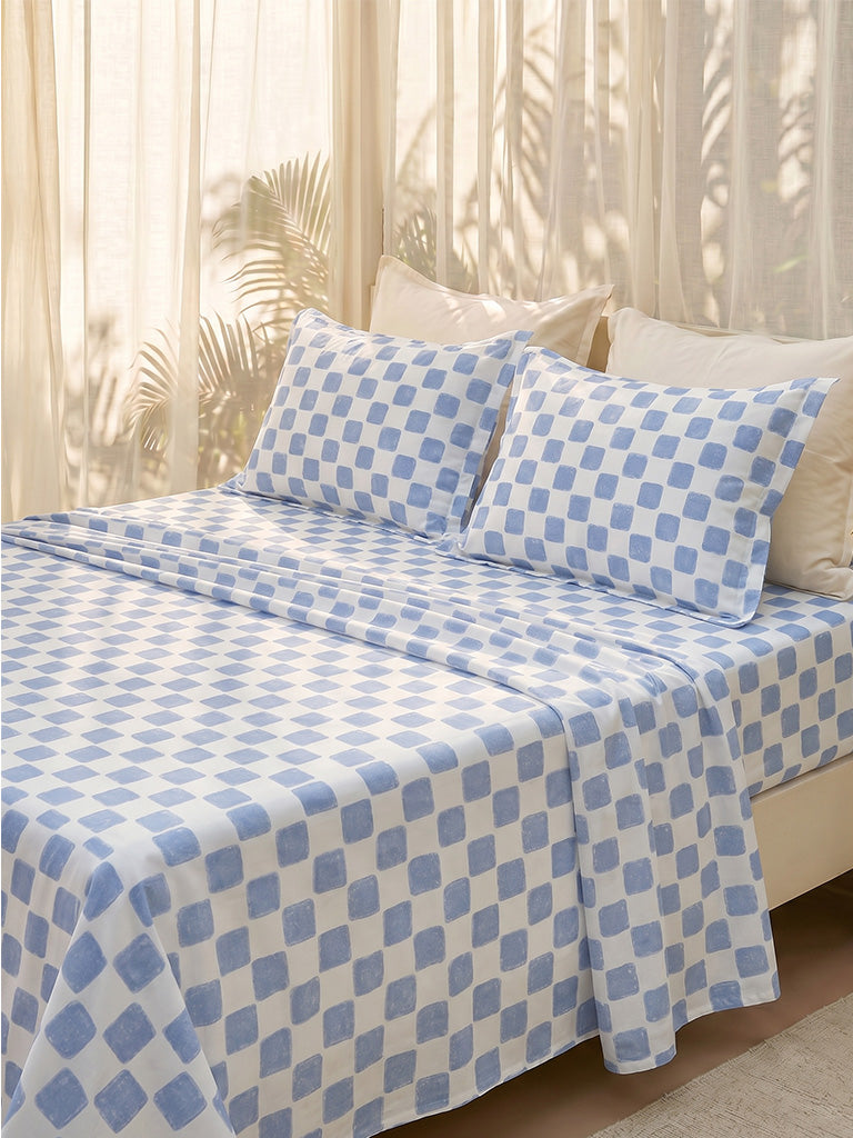 Westside Home Blue Checkered Fitted King Bed Sheet Set