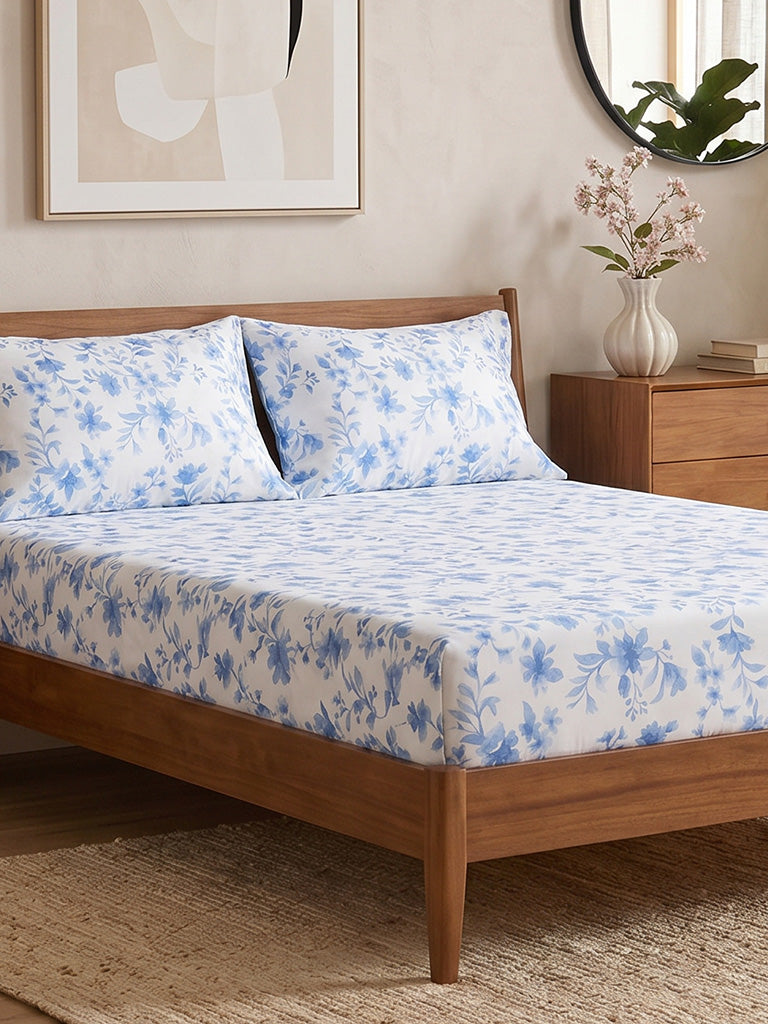 Westside Home Blue Floral Pattern Queen Bed Sheet Set