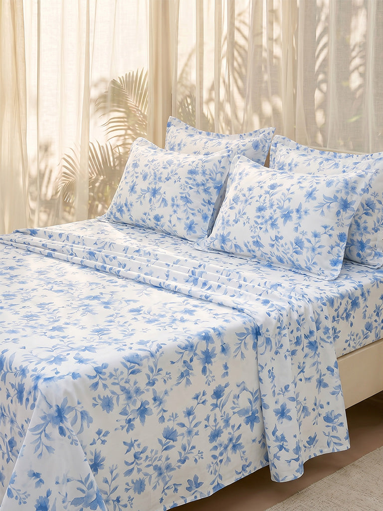 Westside Home Blue Floral Pattern Queen Bed Sheet Set