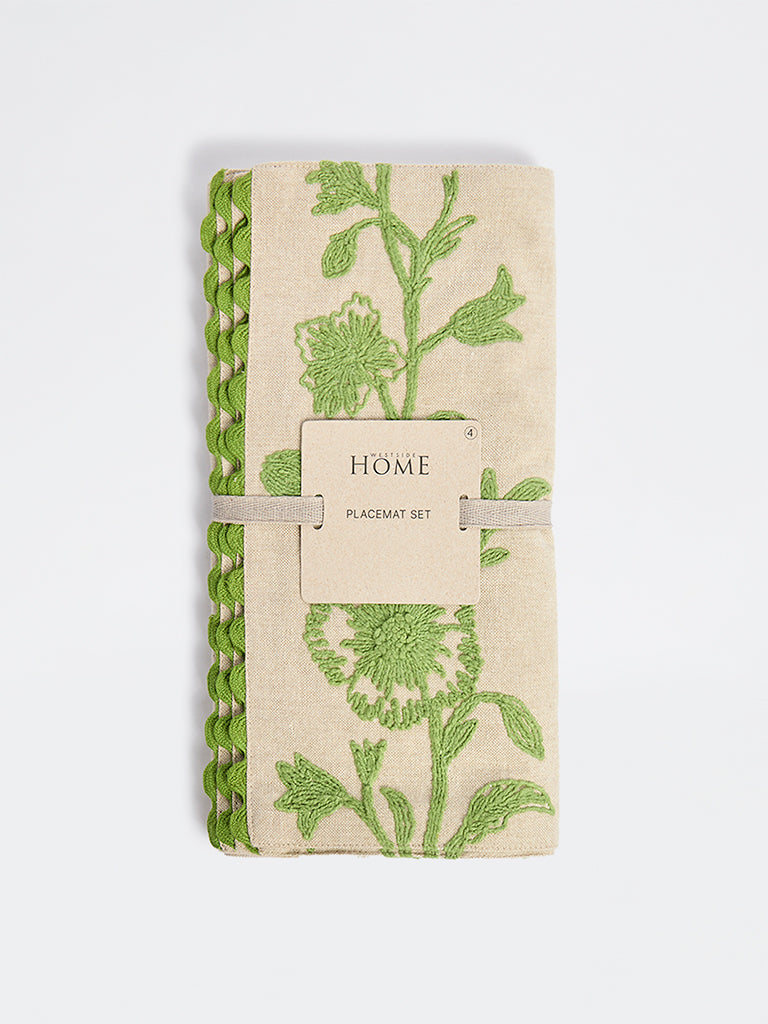 Westside Home Beige Floral Embroidered Placemats (Set of 4)