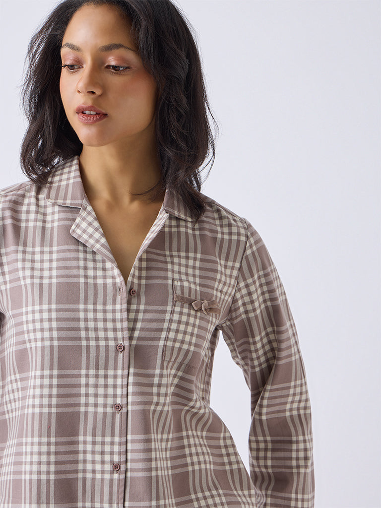 Wunderlove Dusty Brown Cotton-Blend Shirt and Pyjamas Set
