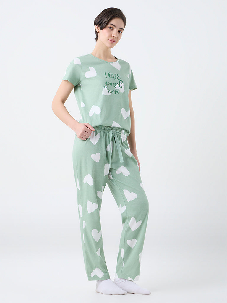 Wunderlove Mint Heart Printed Cotton T-Shirt and Pyjamas Set
