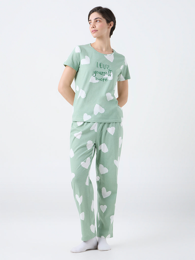 Wunderlove Mint Heart Printed Cotton T-Shirt and Pyjamas Set