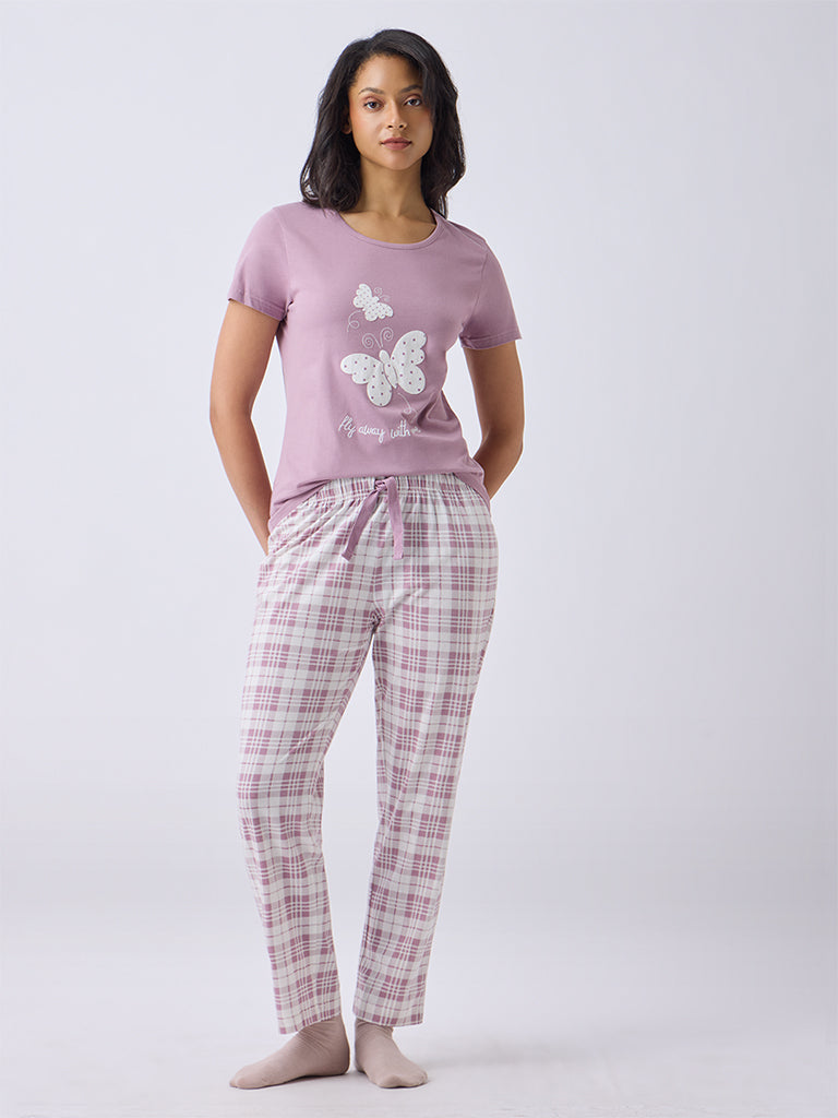 Wunderlove Dusty Pink Butterfly Printed Cotton T-Shirt