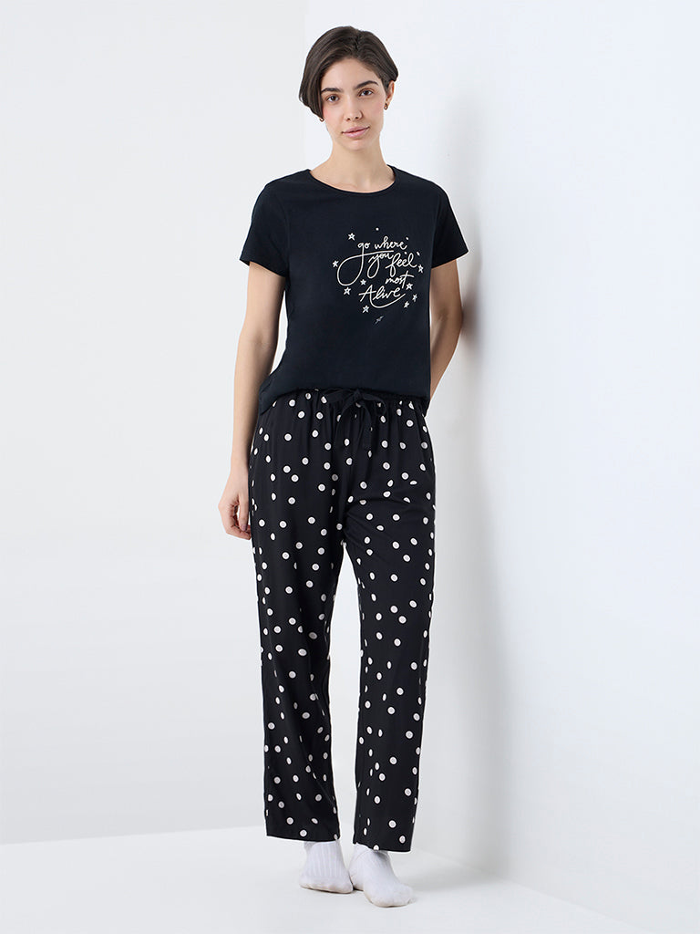 Wunderlove Black Polka Dots High-Rise Pants