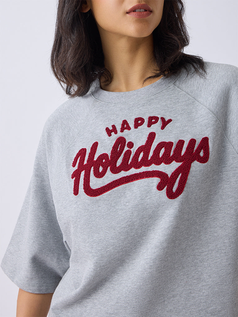 Wunderlove Grey Text Embroidered Cotton-Blend T-Shirt