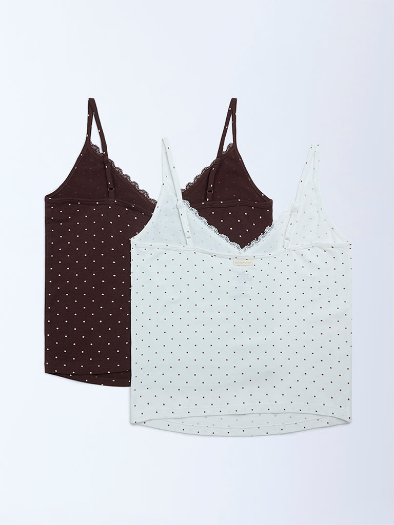 Superstar Brown Polka-Dot Cotton-Blend Camisoles - Pack of 2