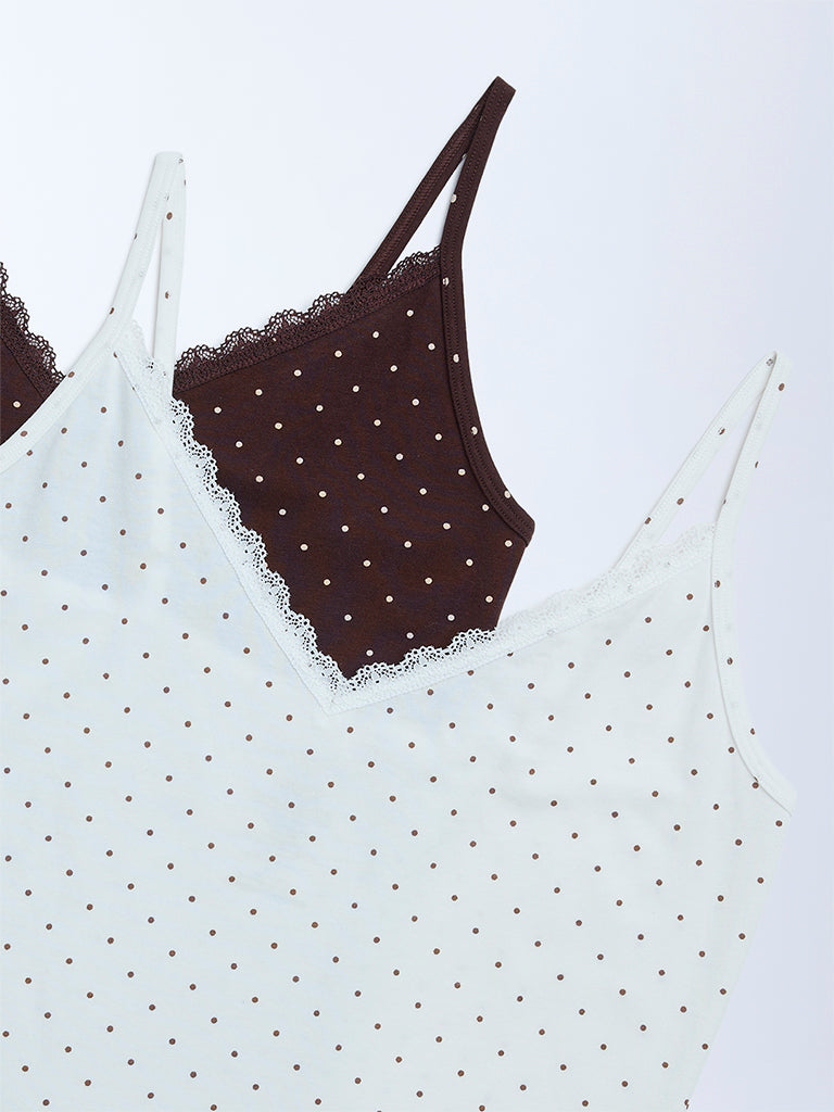 Superstar Brown Polka-Dot Cotton-Blend Camisoles - Pack of 2