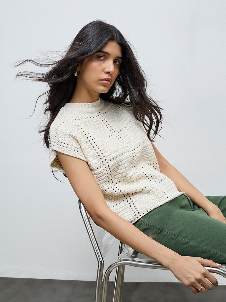 LOV Cream Crochet Knit-Textured Cotton-Blend Top