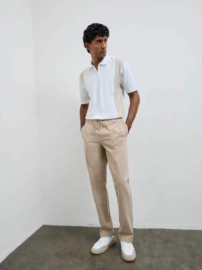 WES Casuals Beige Solid Relaxed-Fit Mid-Rise Cotton Chinos