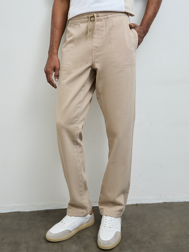 WES Casuals Beige Solid Relaxed-Fit Mid-Rise Cotton Chinos