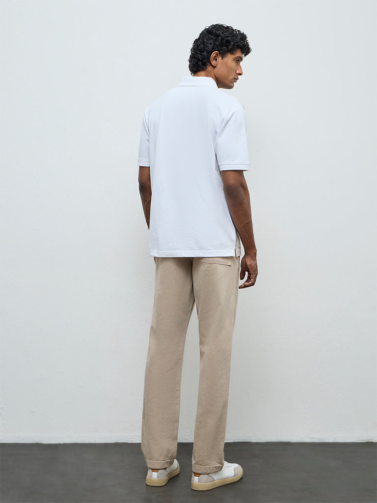 WES Casuals Beige Solid Relaxed-Fit Mid-Rise Cotton Chinos