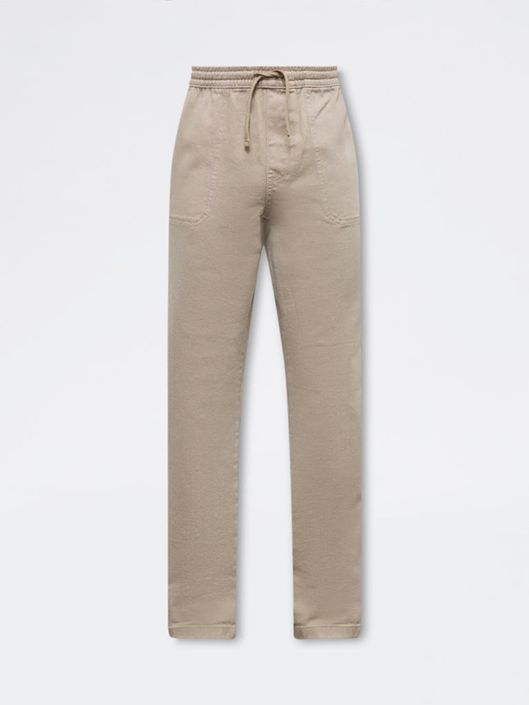 WES Casuals Beige Solid Relaxed-Fit Mid-Rise Cotton Chinos