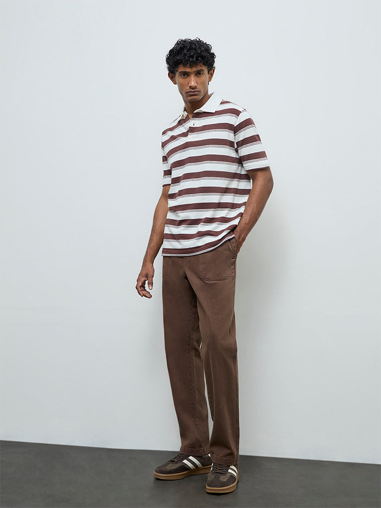 WES Casuals Brown Solid Relaxed-Fit Mid-Rise Cotton Chinos