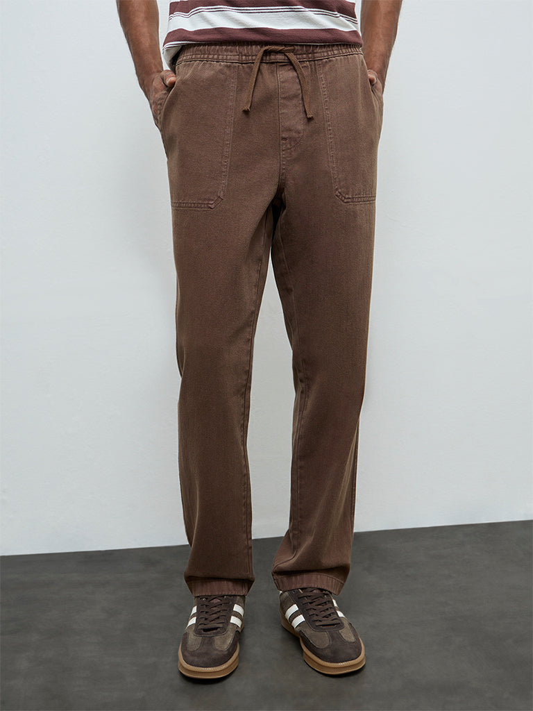WES Casuals Brown Solid Relaxed-Fit Mid-Rise Cotton Chinos