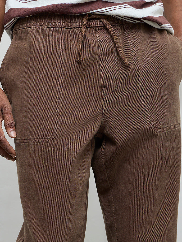 WES Casuals Brown Solid Relaxed-Fit Mid-Rise Cotton Chinos