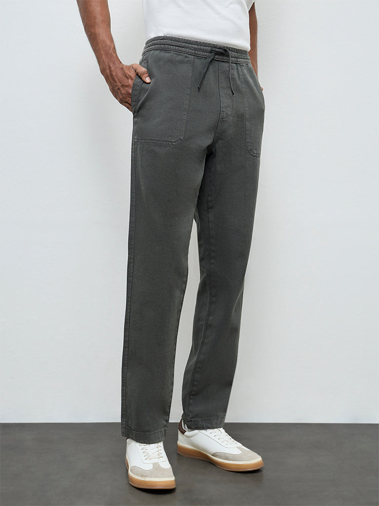 WES Casuals Olive Solid Relaxed-Fit Mid-Rise Cotton Chinos
