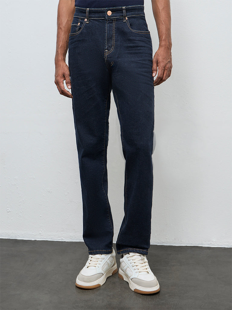 WES Casuals Dark Blue Relaxed Fit Mid-Rise Jeans