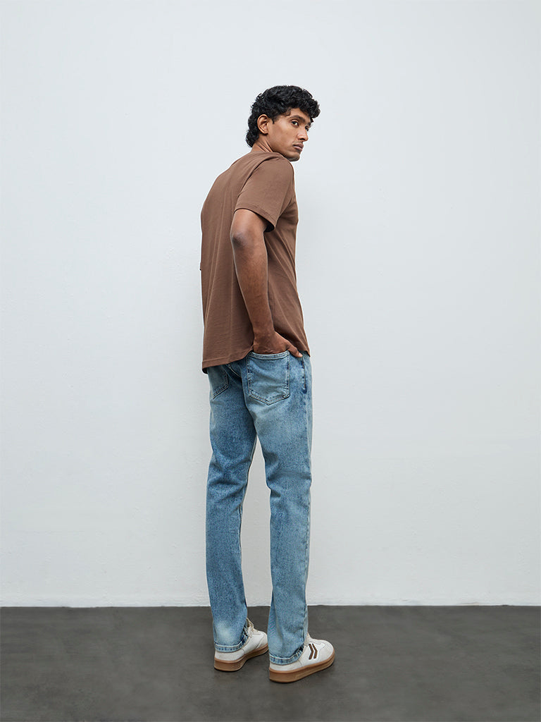 WES Casuals Blue Faded Slim-Fit Mid-Rise Jeans
