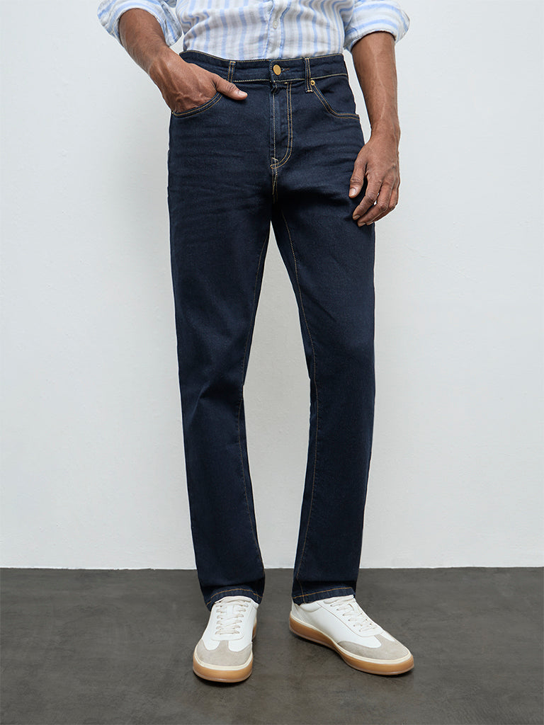 WES Casuals Dark Blue Slim-Fit Mid-Rise Jeans