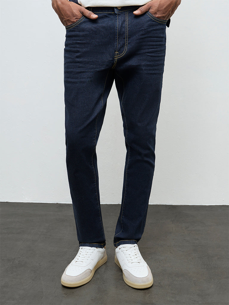 WES Casuals Dark Blue Slim-Fit Mid-Rise Jeans