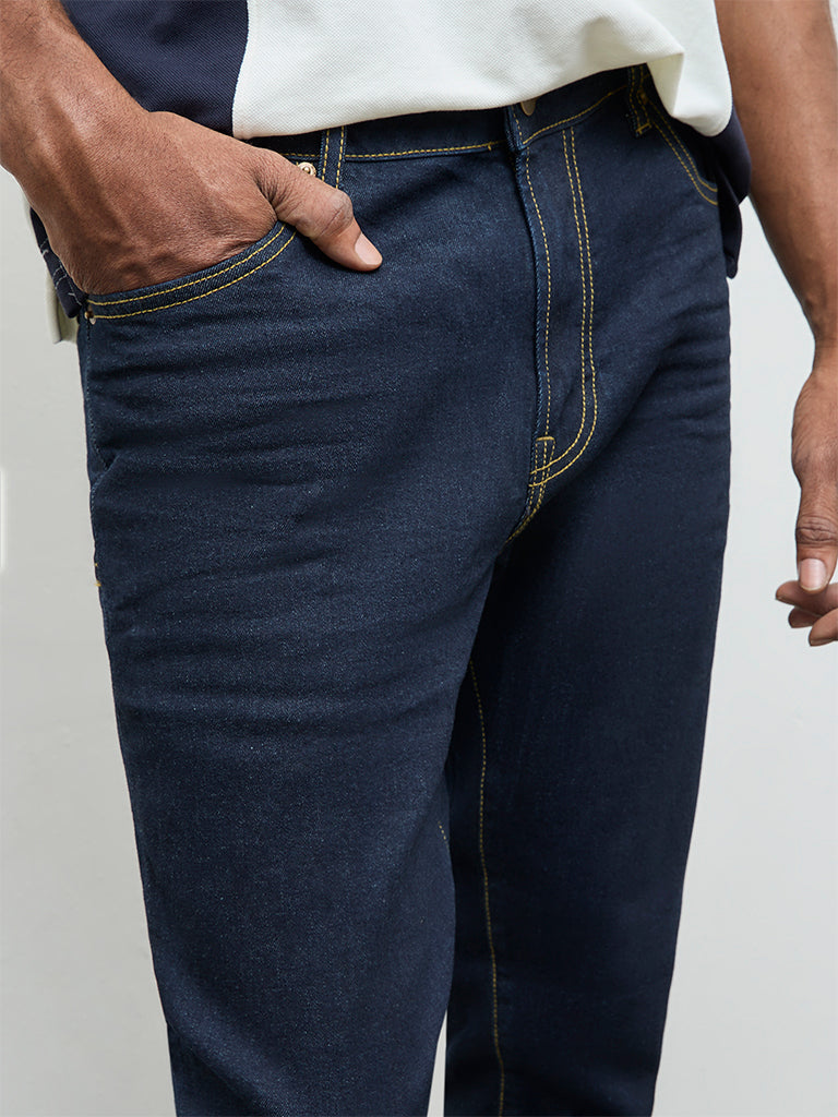 WES Casuals Dark Blue Slim-Fit Mid-Rise Jeans