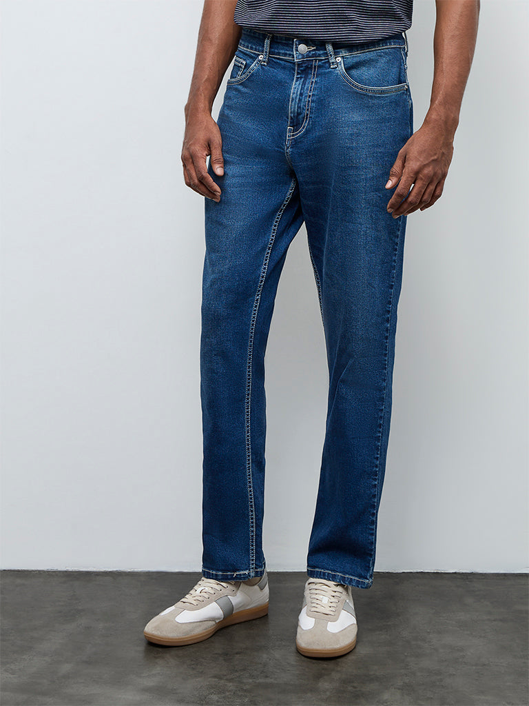 WES Casuals Dark Blue Relaxed Fit Mid-Rise Jeans