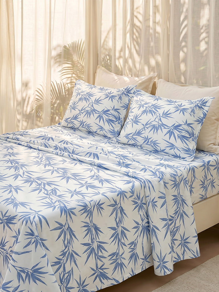 Westside Home Blue Bamboo Leaf Printed King Bed Sheet Set