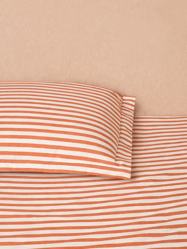 Westside Home Orange Stripe Printed Queen Bed Sheet Set