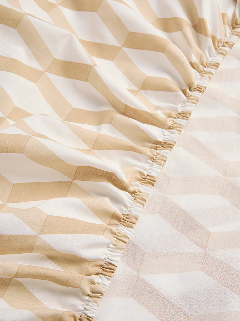Westside Home Beige Rhombus Printed Fitted King Bed Sheet Set
