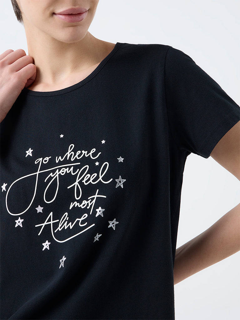 Wunderlove Black Text Detailed Cotton T-Shirt
