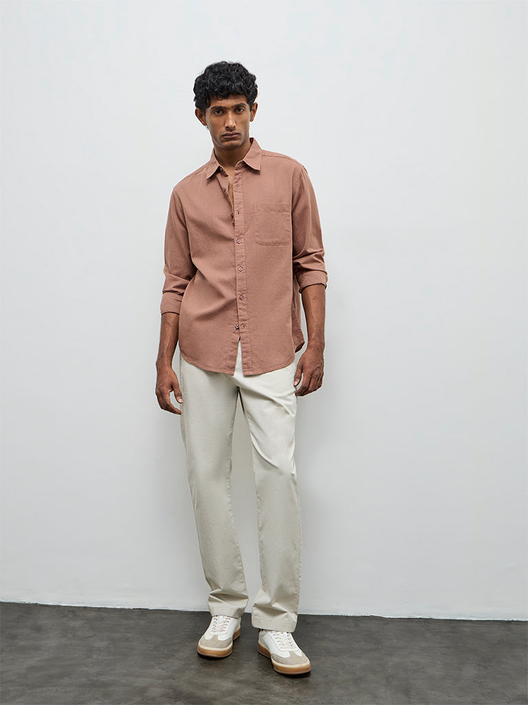 WES Casuals Brown Solid Relaxed-Fit Cotton-Blend Shirt
