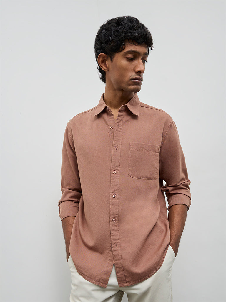 WES Casuals Brown Solid Relaxed-Fit Cotton-Blend Shirt
