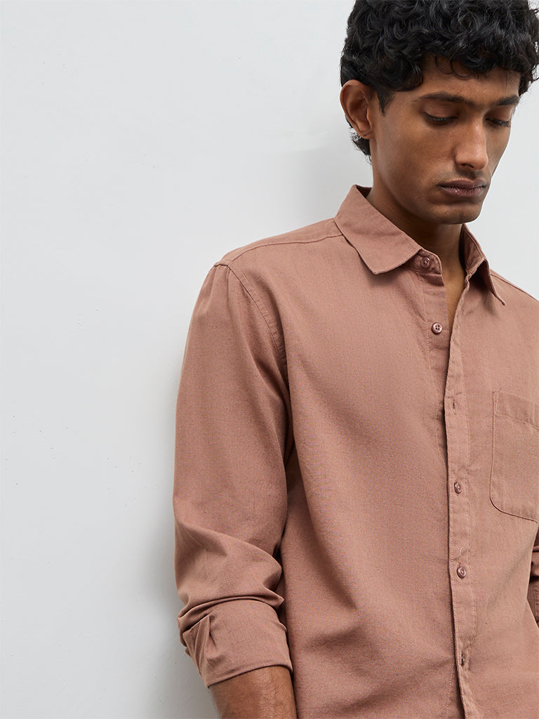 WES Casuals Brown Solid Relaxed-Fit Cotton-Blend Shirt