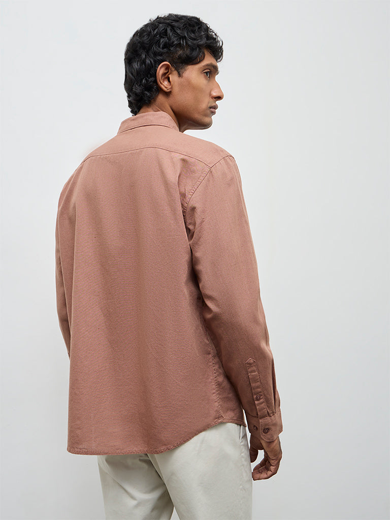 WES Casuals Brown Solid Relaxed-Fit Cotton-Blend Shirt