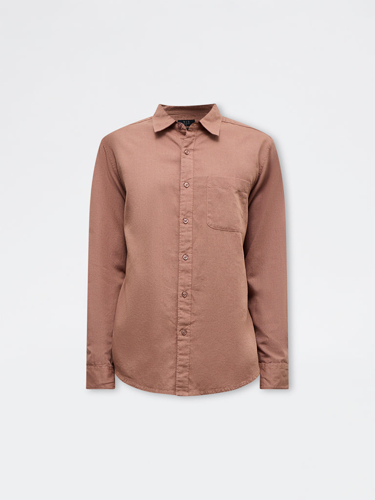 WES Casuals Brown Solid Relaxed-Fit Cotton-Blend Shirt