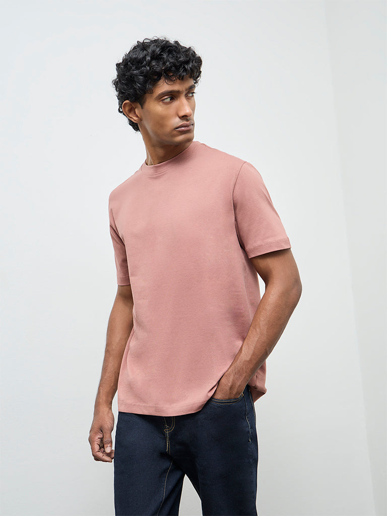 WES Casuals Dusty Pink Solid Relaxed-Fit Cotton T-Shirt