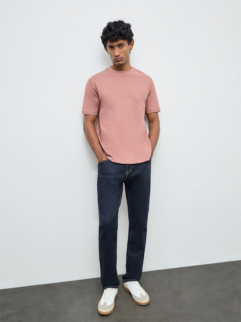 WES Casuals Dusty Pink Solid Relaxed-Fit Cotton T-Shirt