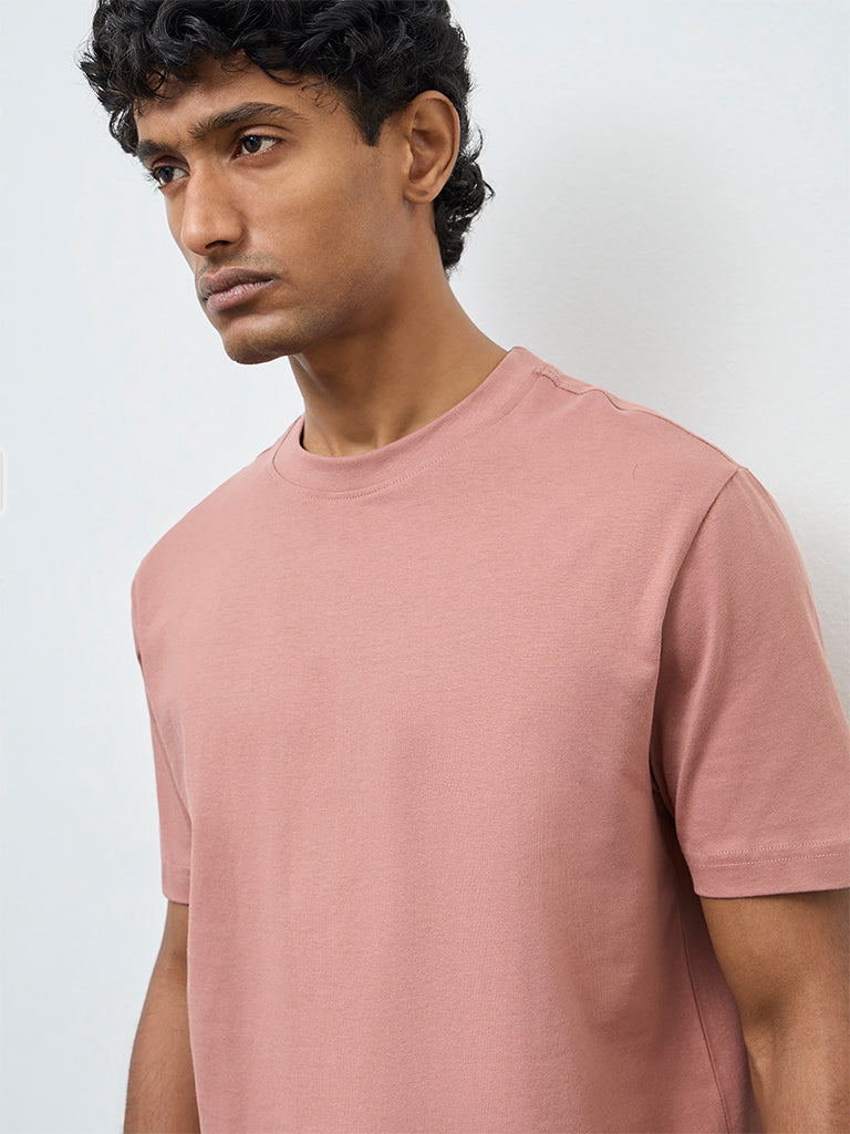 WES Casuals Dusty Pink Solid Relaxed-Fit Cotton T-Shirt