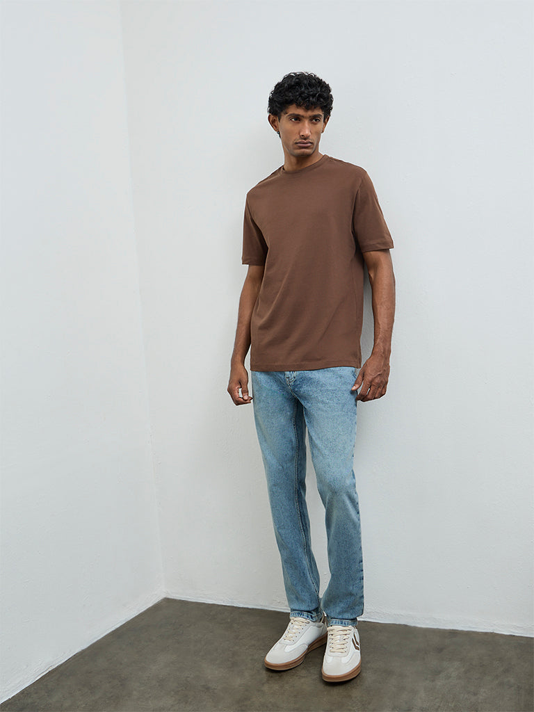 WES Casuals Dark Brown Solid Relaxed-Fit Cotton T-Shirt