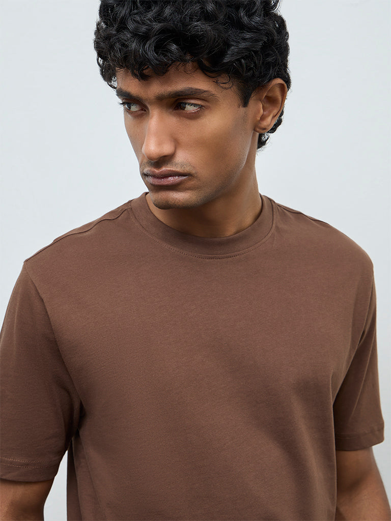 WES Casuals Dark Brown Solid Relaxed-Fit Cotton T-Shirt