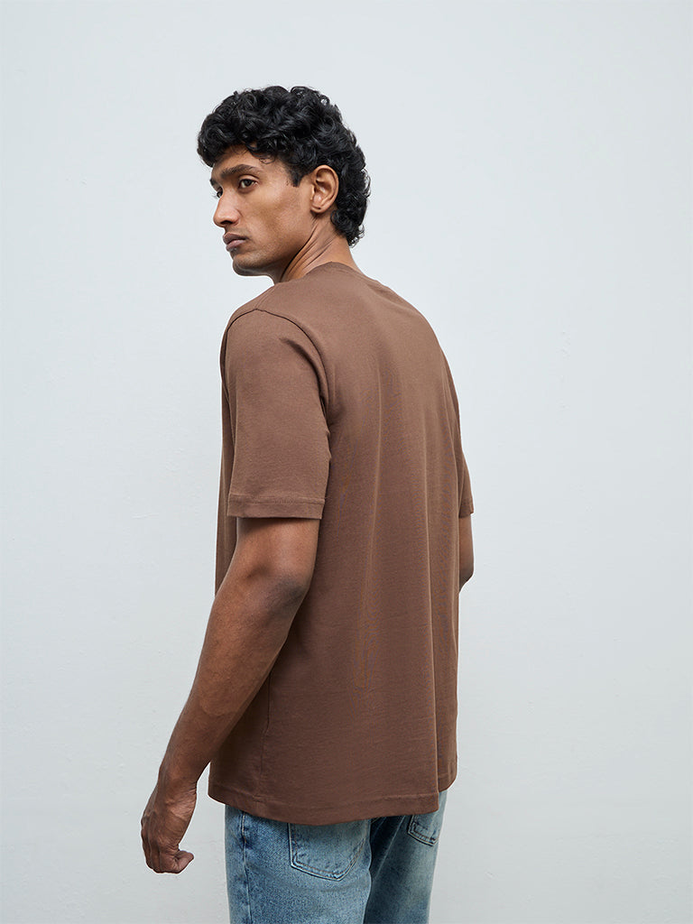 WES Casuals Dark Brown Solid Relaxed-Fit Cotton T-Shirt