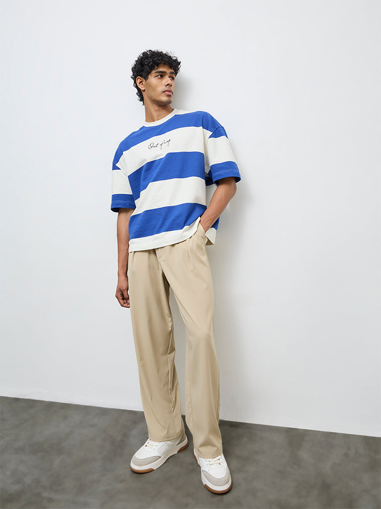 Nuon Beige Solid Relaxed-Fit Mid-Rise Trousers