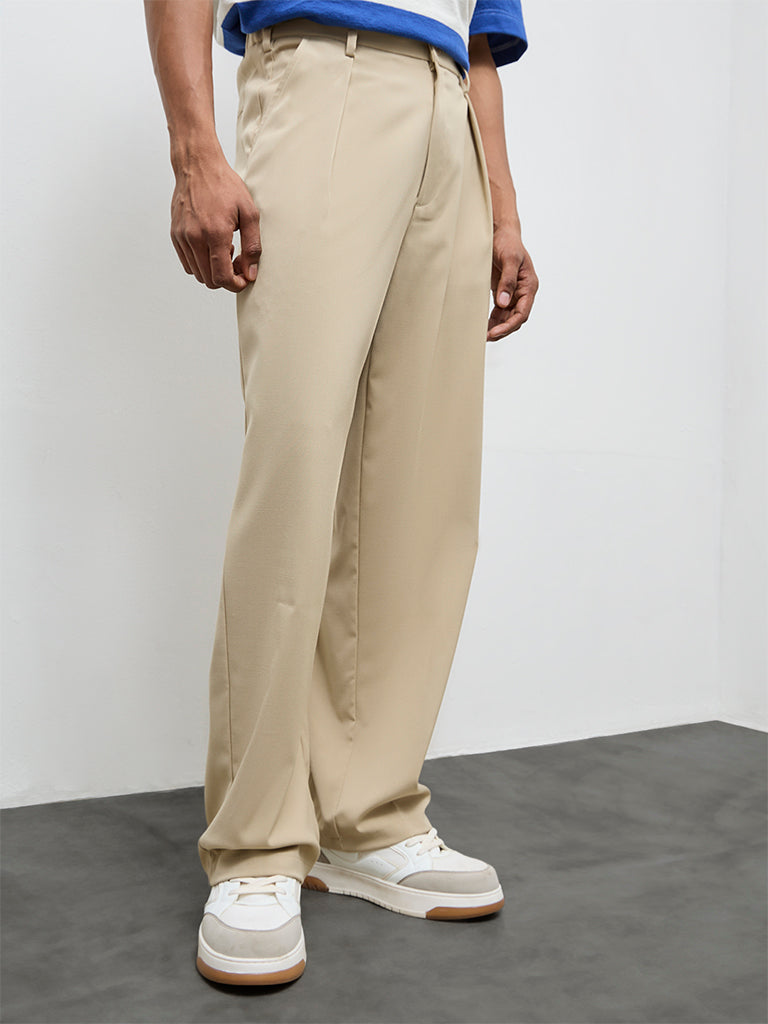 Nuon Beige Solid Relaxed-Fit Mid-Rise Trousers